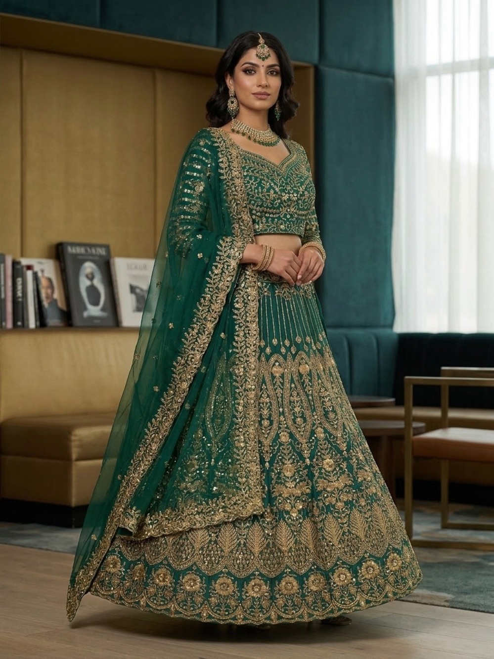Light Blue Green Bridal Sequin Embroidered Net Lehenga Set